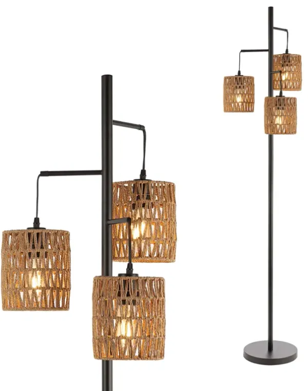 Isla 3-Light Mid-Century Bohemian Metal/Rope LED Floor Lamp