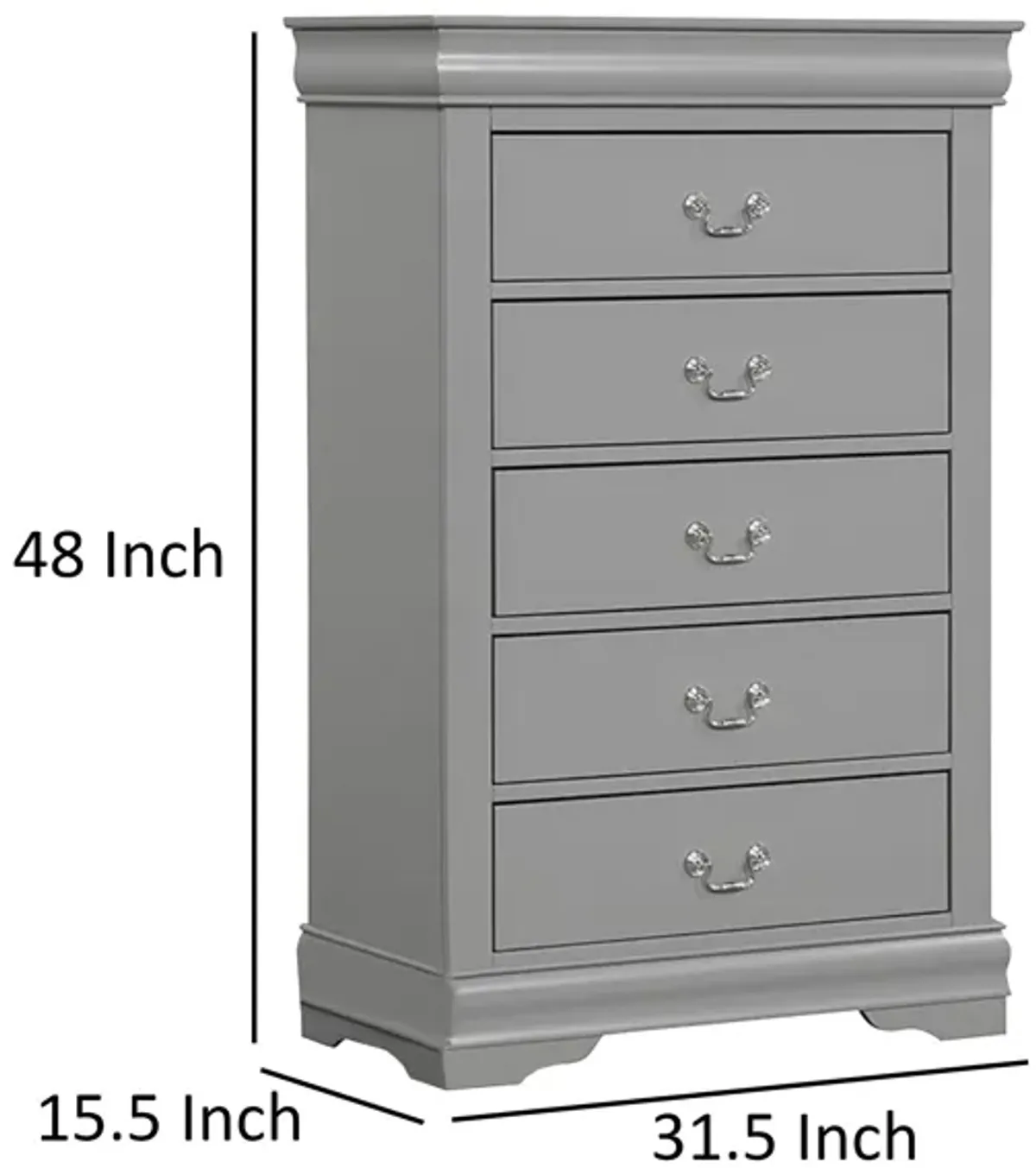 Ryla Tall Dresser Chest, 5 Drawers, Metal Handles, Light Gray Solid Wood