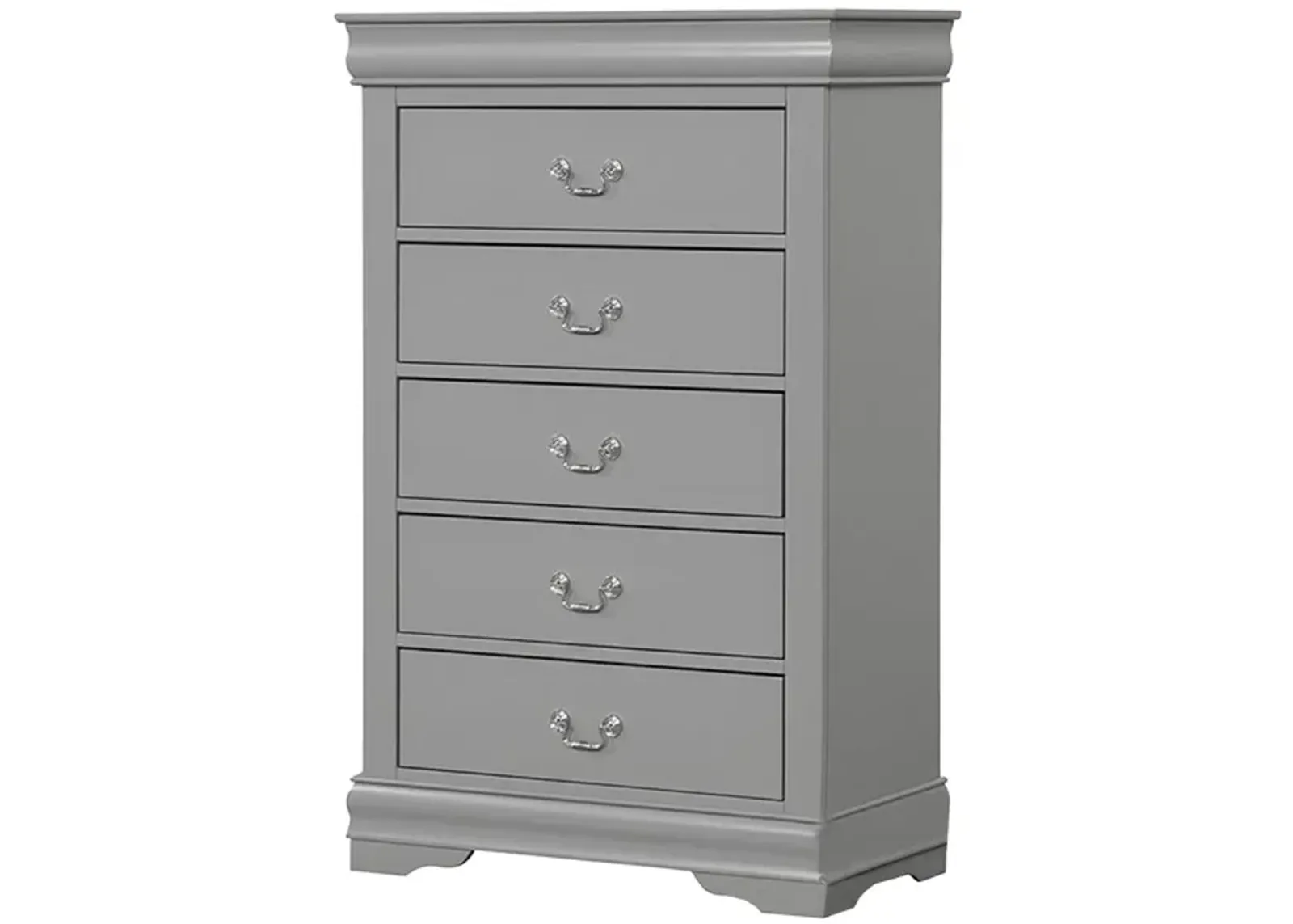 Ryla Tall Dresser Chest, 5 Drawers, Metal Handles, Light Gray Solid Wood