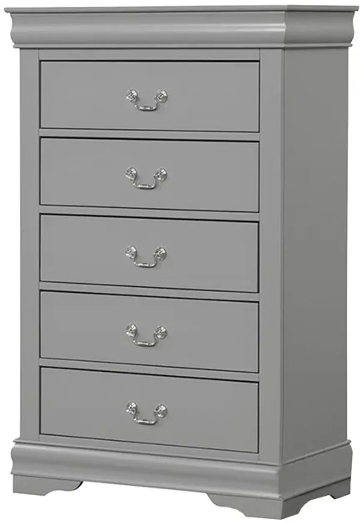 Ryla Tall Dresser Chest, 5 Drawers, Metal Handles, Light Gray Solid Wood