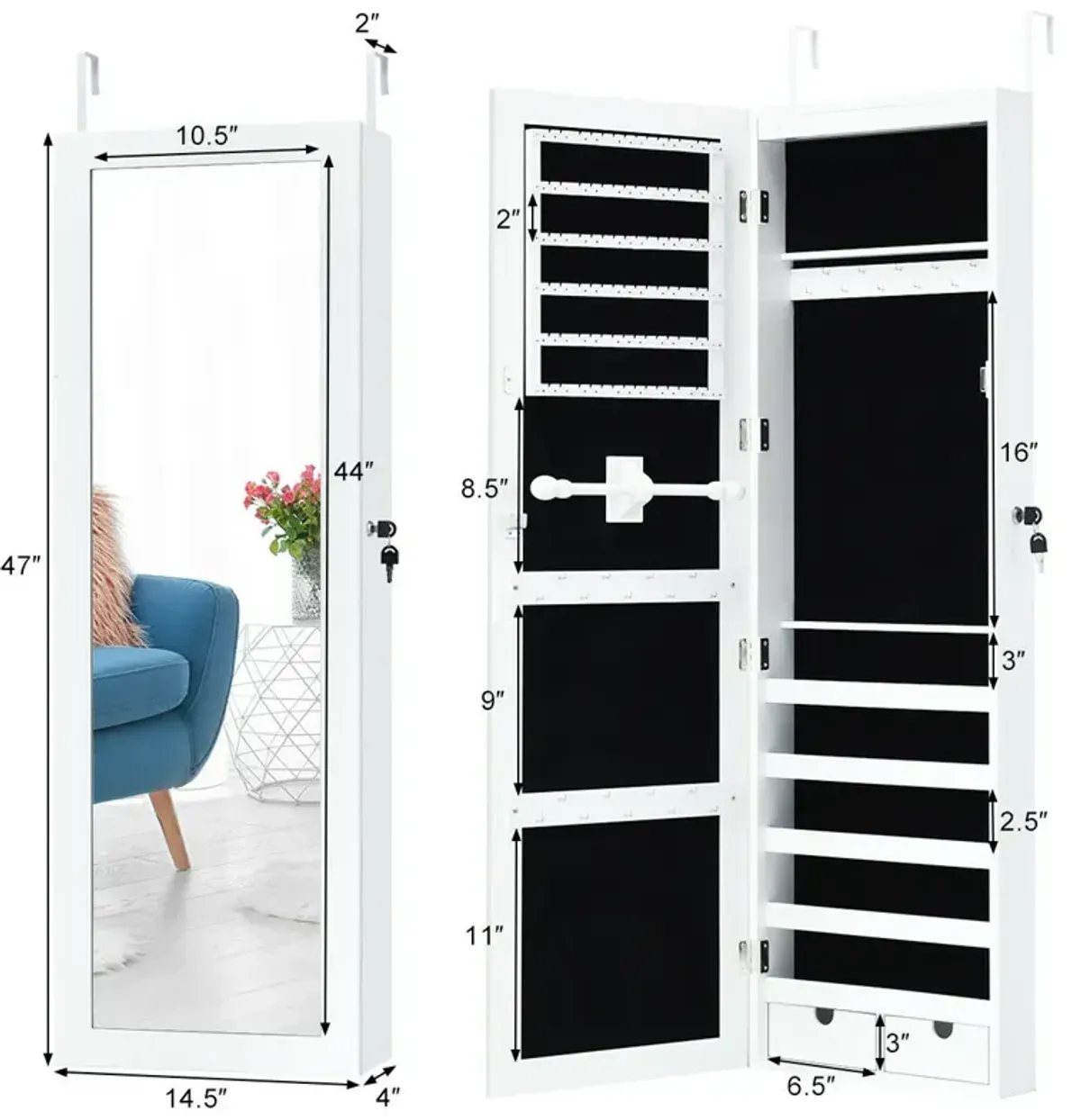 Door Mounted Lockable Mirrored Jewelry Cabinet with LED Lights