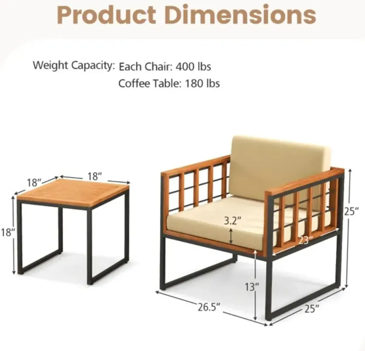 Hivvago 3 Pieces Patio Chair Set Acacia Wood Outdoor Sofa Set with Soft Cushions