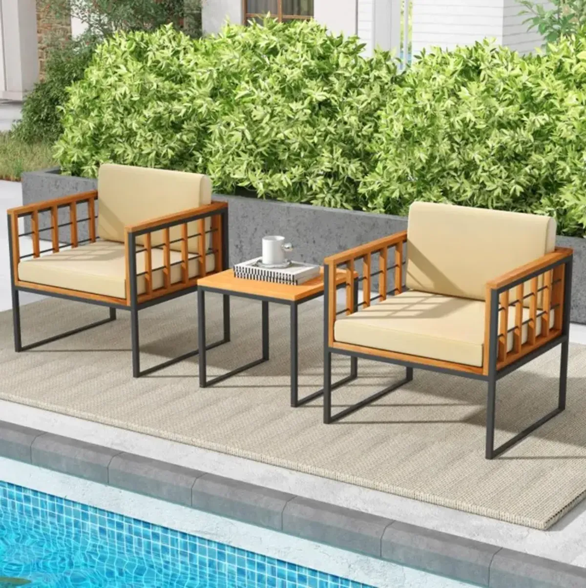 Hivvago 3 Pieces Patio Chair Set Acacia Wood Outdoor Sofa Set with Soft Cushions