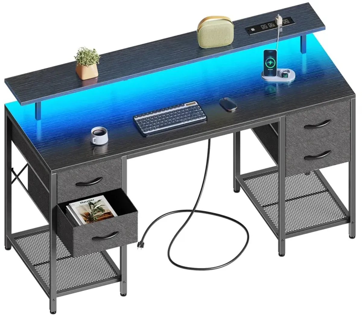 Huuger 55 inch Computer Desk with 4 Drawers, Gaming Desk with LED Lights & Power Outlets, Home Office Desk with Large Storage Sp