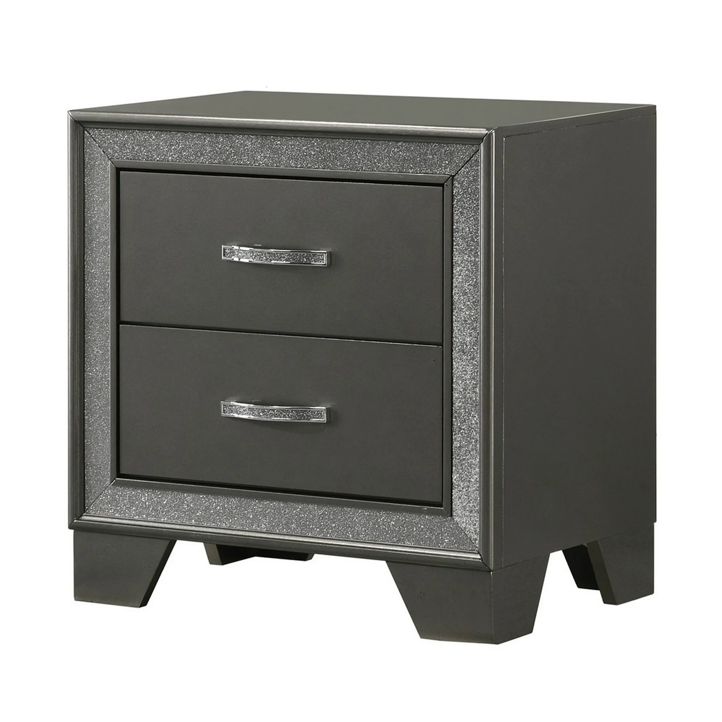 Zula 24 Inch 2 Drawer Nightstand, Faux Diamond Trim, Metal Handles, Gray-Benzara