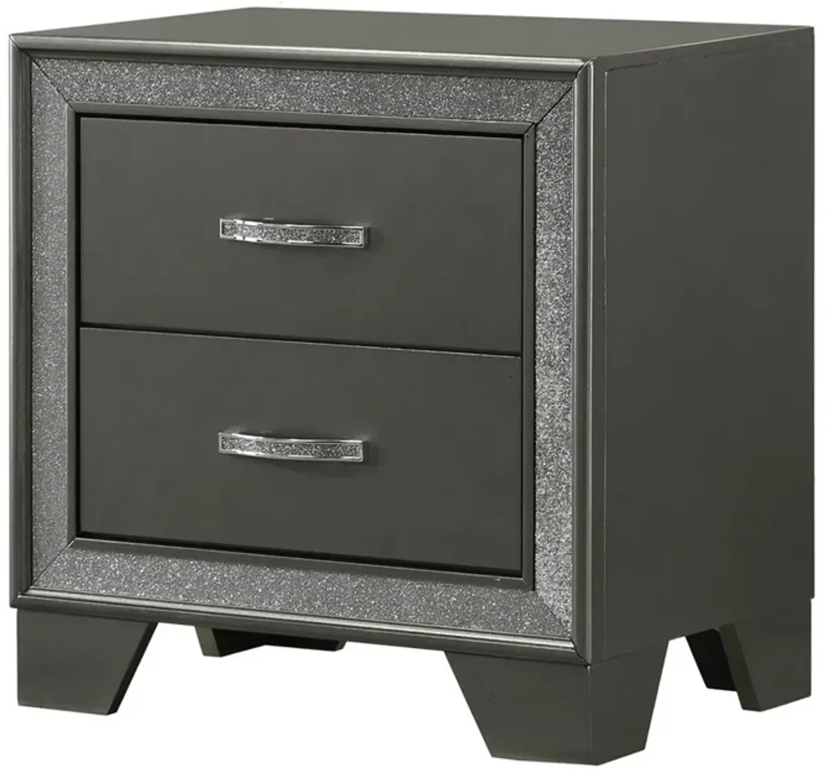 Zula 24 Inch 2 Drawer Nightstand, Faux Diamond Trim, Metal Handles, Gray-Benzara