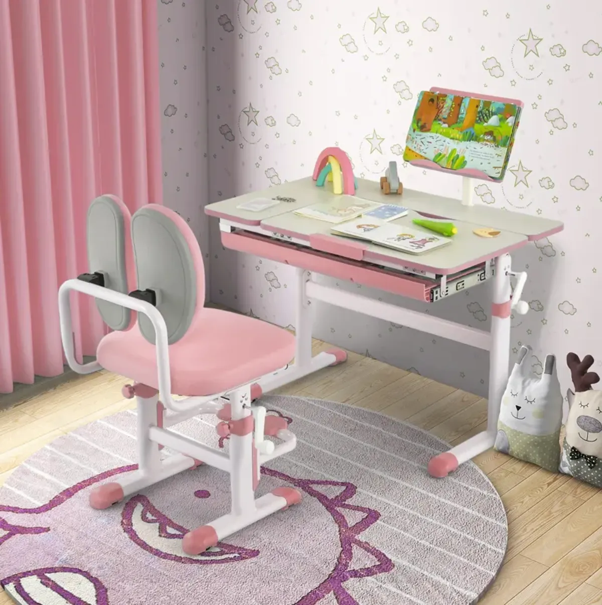 Height-Adjustable Kids Desk with Tilt Desktop and Book Stand