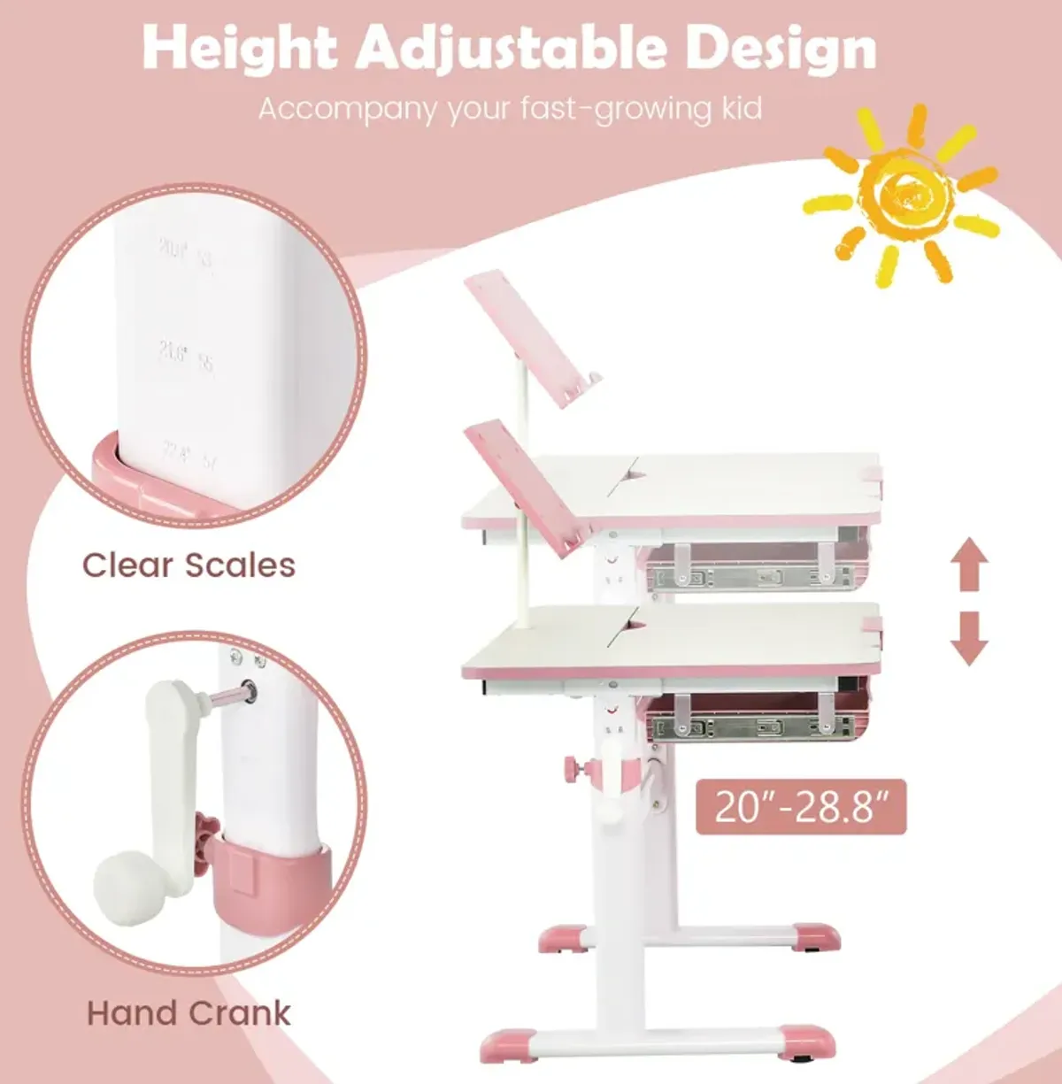 Height-Adjustable Kids Desk with Tilt Desktop and Book Stand