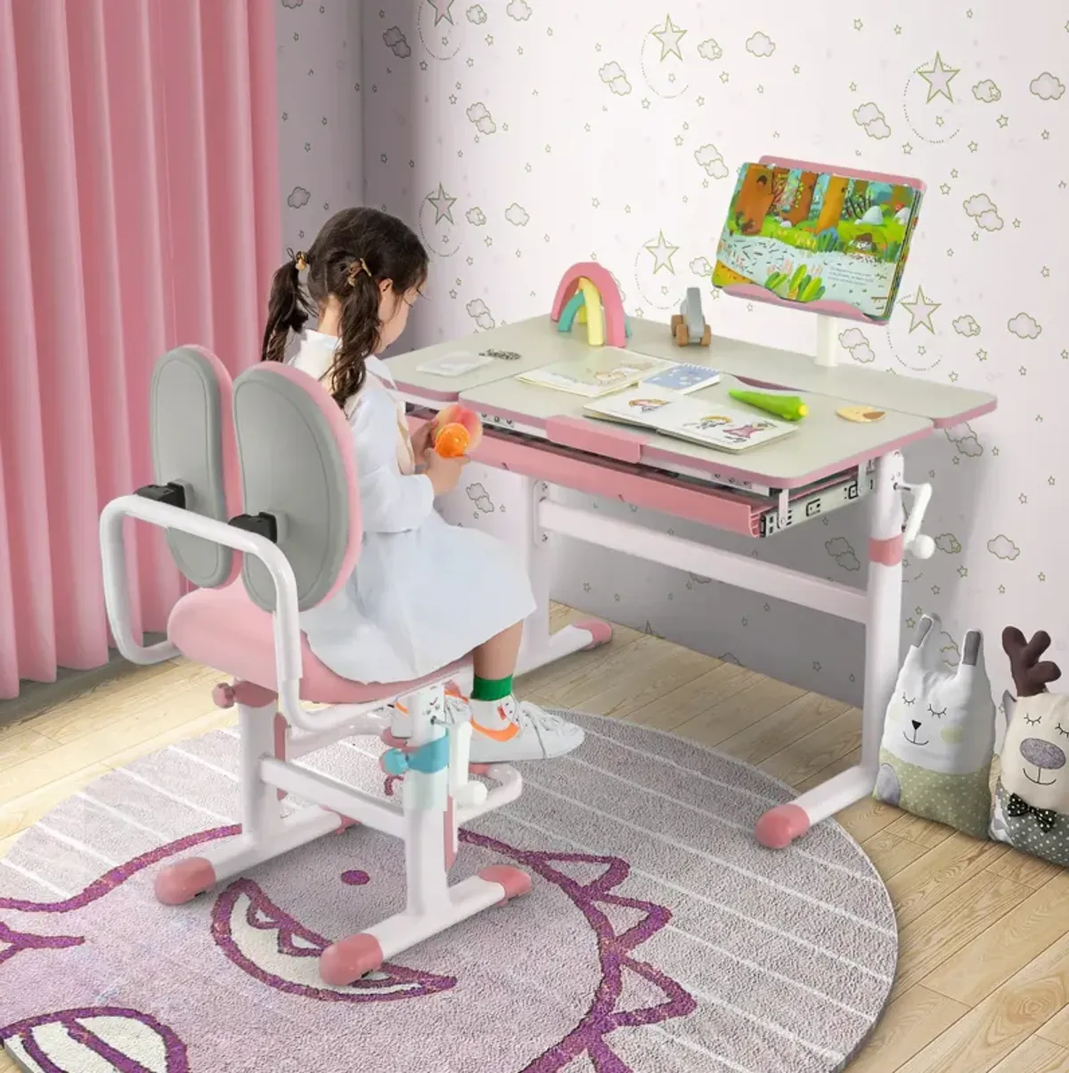 Height-Adjustable Kids Desk with Tilt Desktop and Book Stand