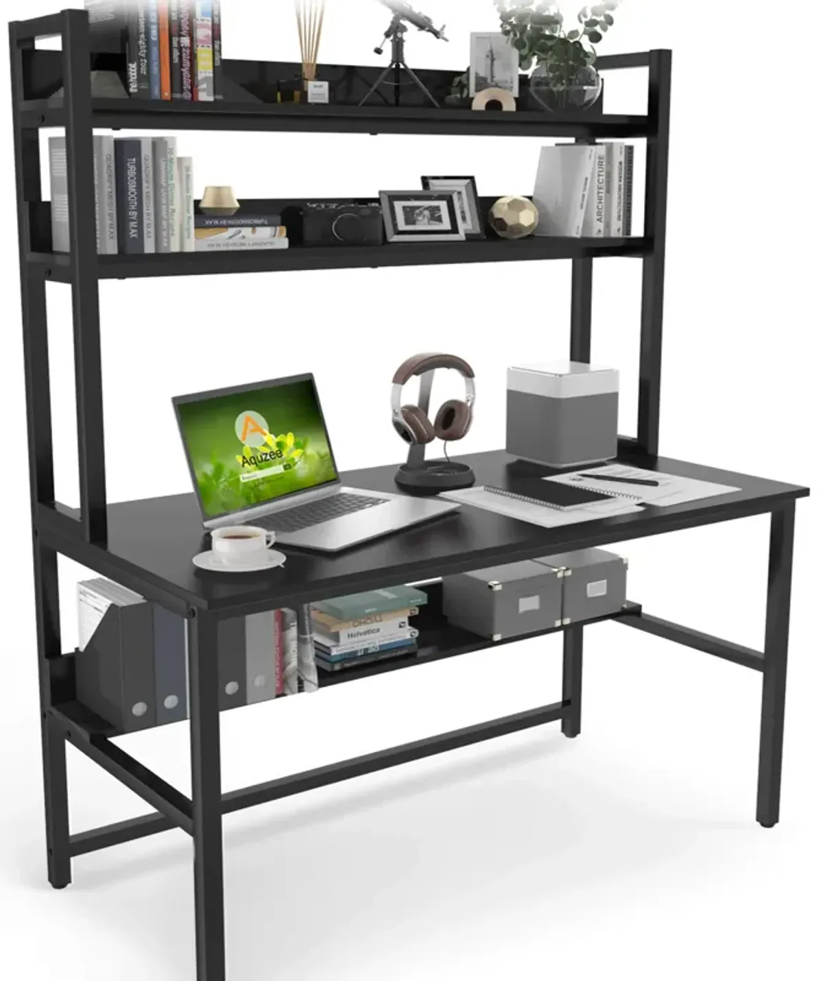 Aquzee Computer Desk with Hutch and Shelves, 47-Inch Wide Office Desk with 3-Tier Storage Shelves for Space-Saving, Modern Stand