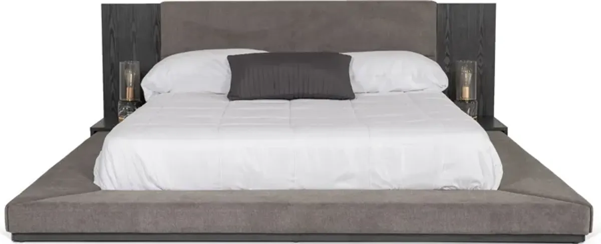 Noe Ruby California Size Bed, Side Shelves, Gray Upholstery, Low Profile - Benzara