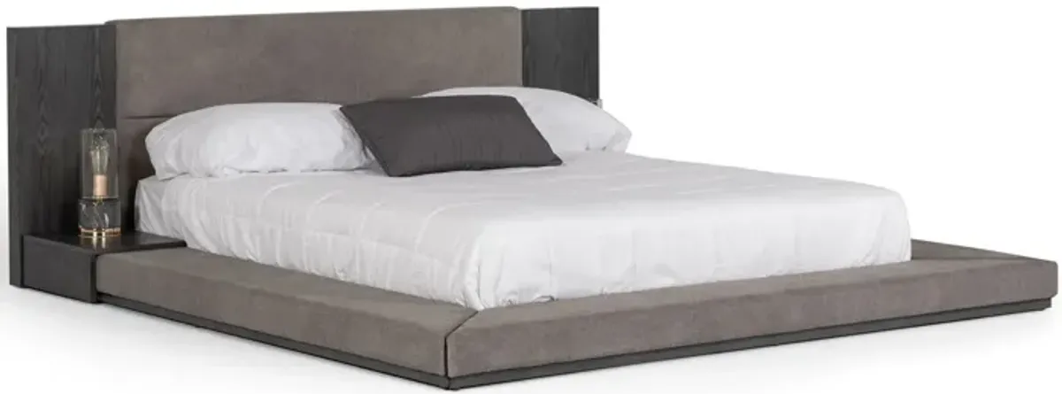 Noe Ruby California Size Bed, Side Shelves, Gray Upholstery, Low Profile - Benzara