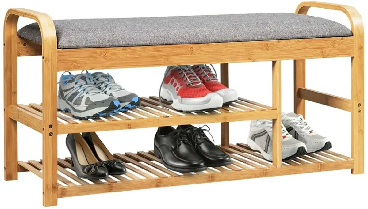 3-Tier Bamboo Shoe Rack Bench with Cushion-Natural