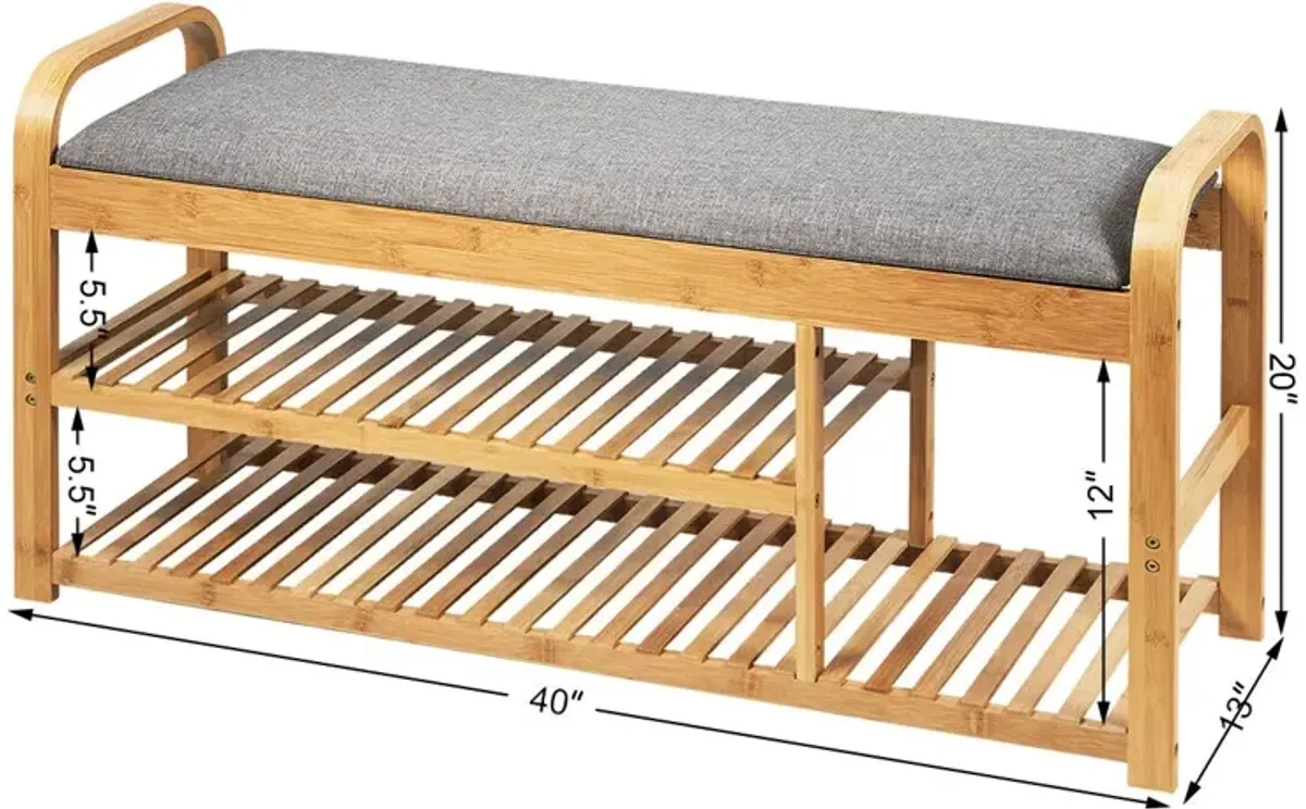 3-Tier Bamboo Shoe Rack Bench with Cushion-Natural