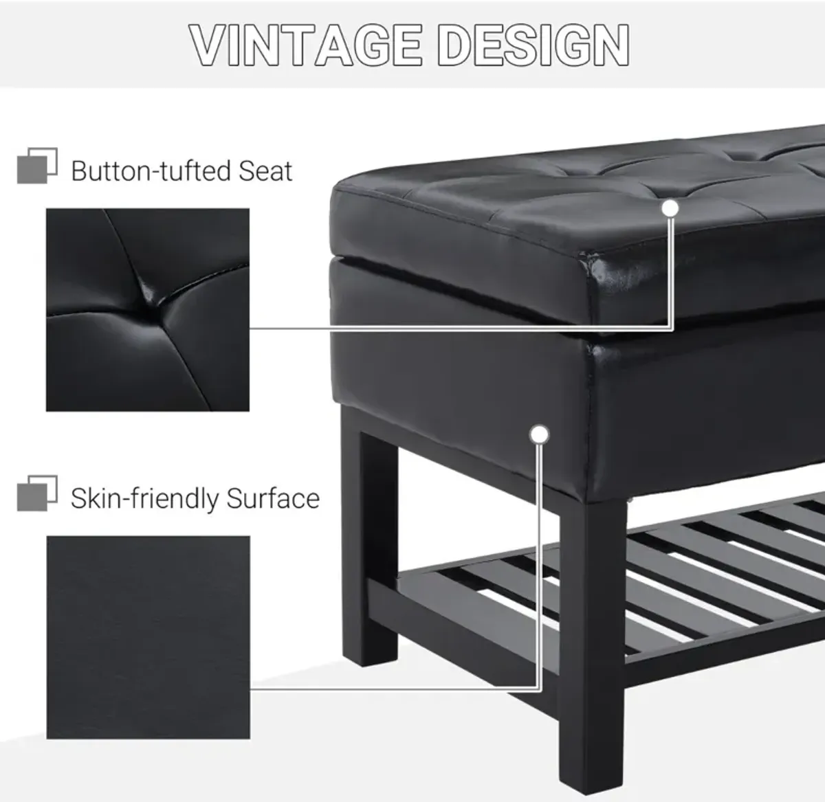 Sleek Seating Storage: 44" Black Tufted Faux Leather Ottoman with Shoe Rack