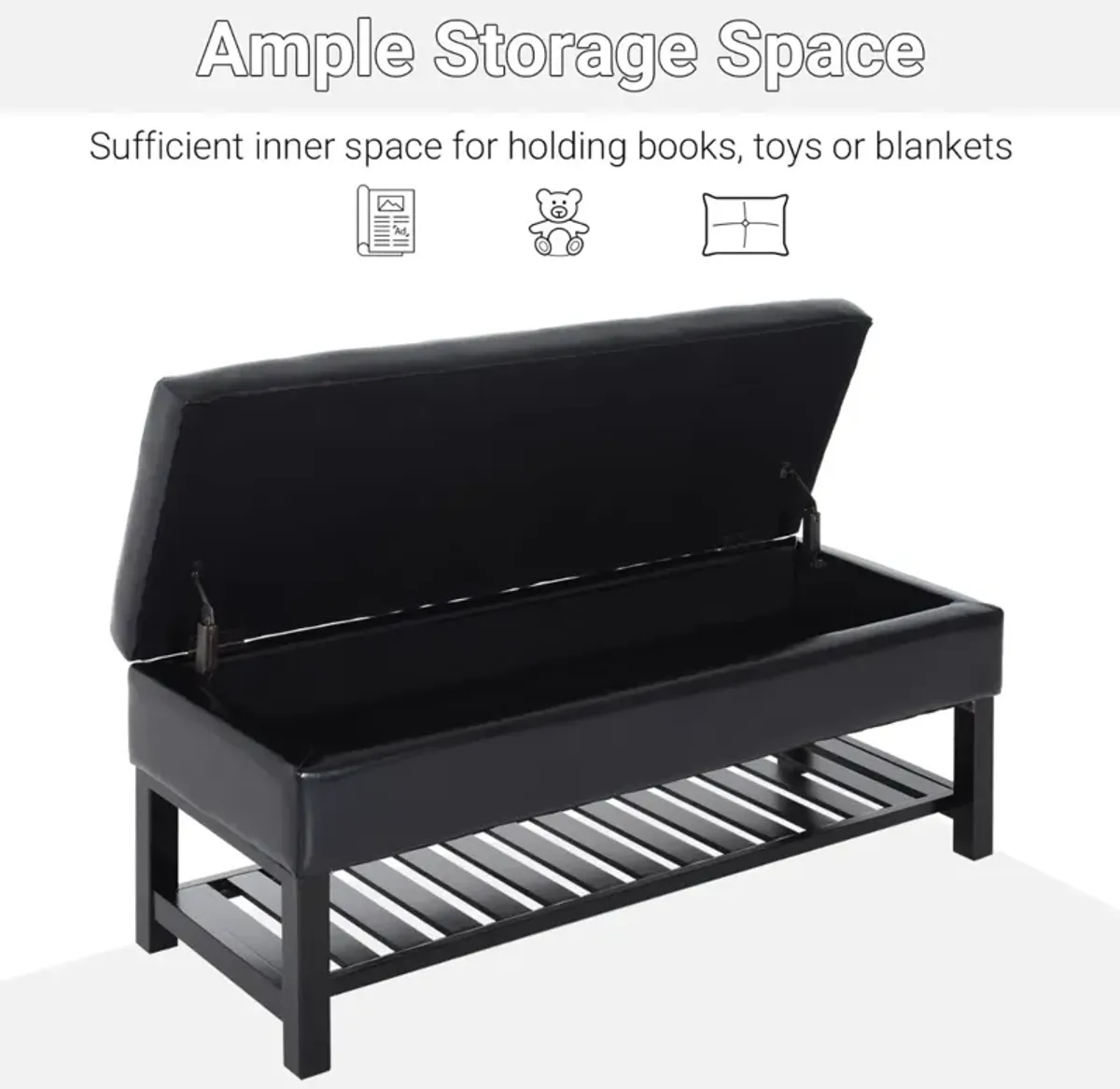 Sleek Seating Storage: 44" Black Tufted Faux Leather Ottoman with Shoe Rack