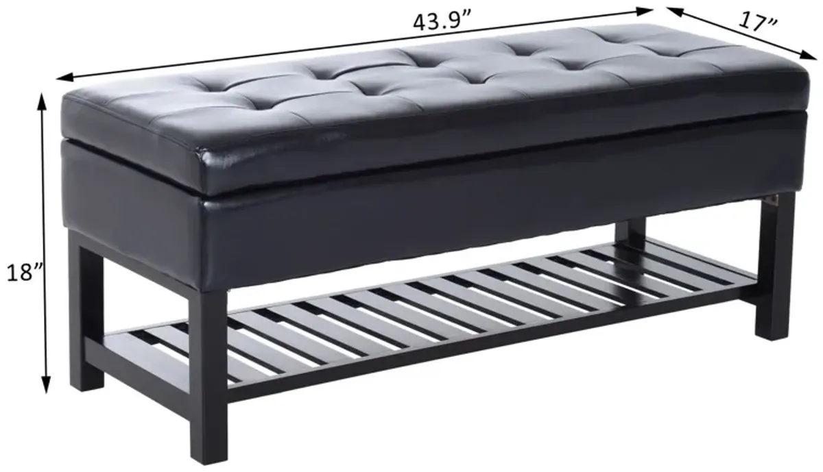 Sleek Seating Storage: 44" Black Tufted Faux Leather Ottoman with Shoe Rack