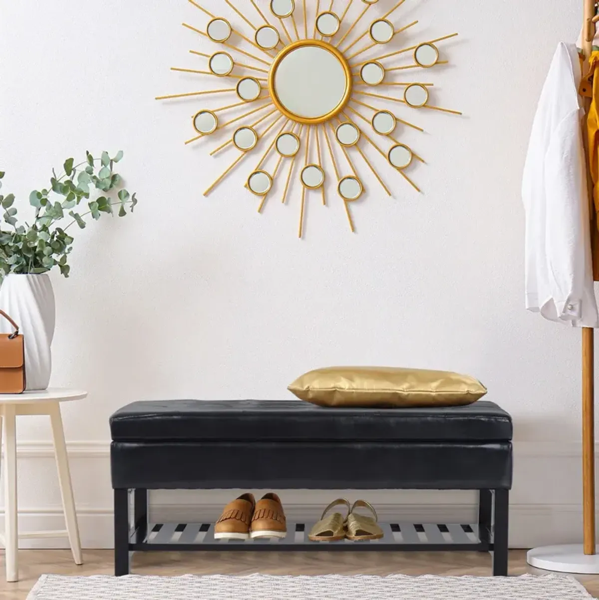 Sleek Seating Storage: 44" Black Tufted Faux Leather Ottoman with Shoe Rack