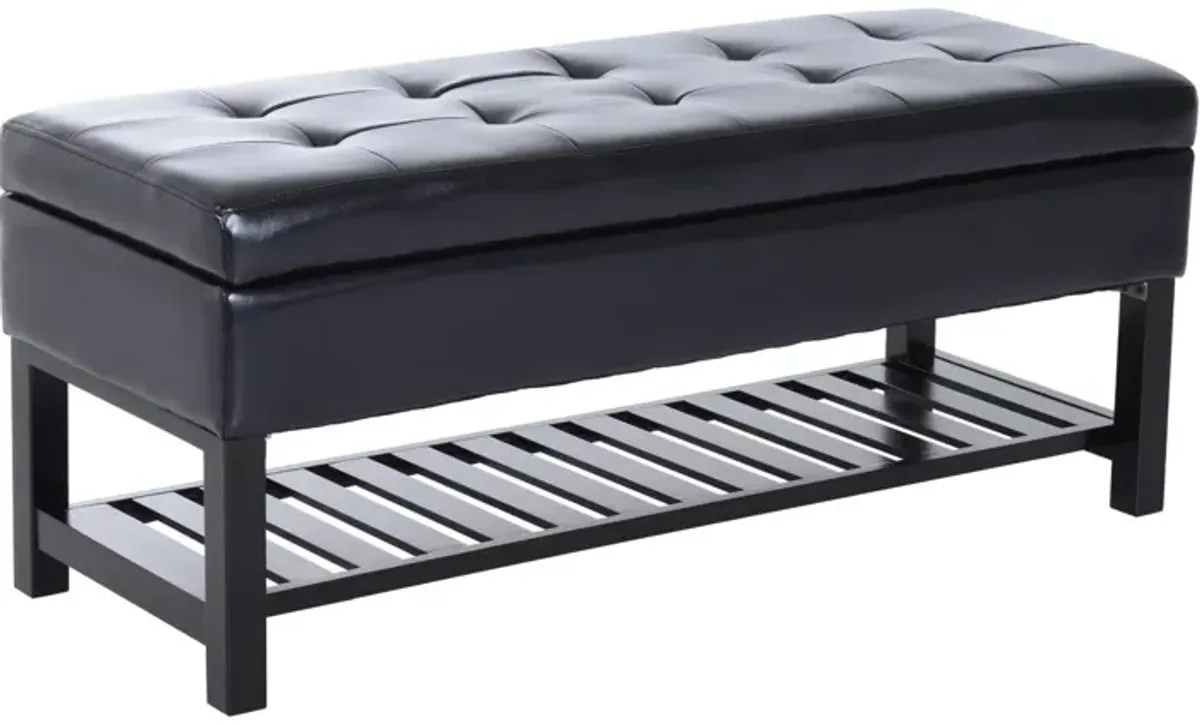 Sleek Seating Storage: 44" Black Tufted Faux Leather Ottoman with Shoe Rack