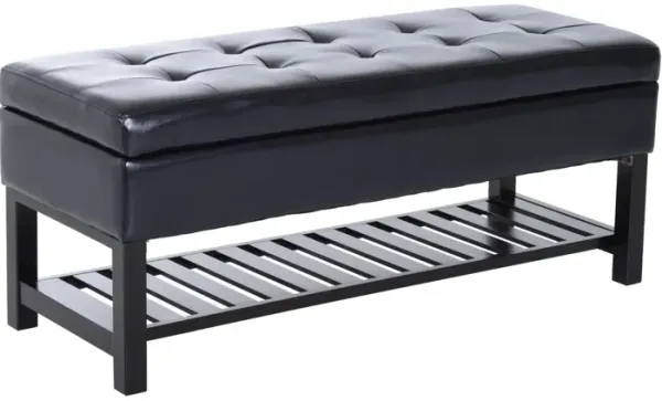 Sleek Seating Storage: 44" Black Tufted Faux Leather Ottoman with Shoe Rack
