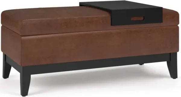Oregon Storage Ottoman Bench with Tray in Distressed Saddle Brown Faux Leather