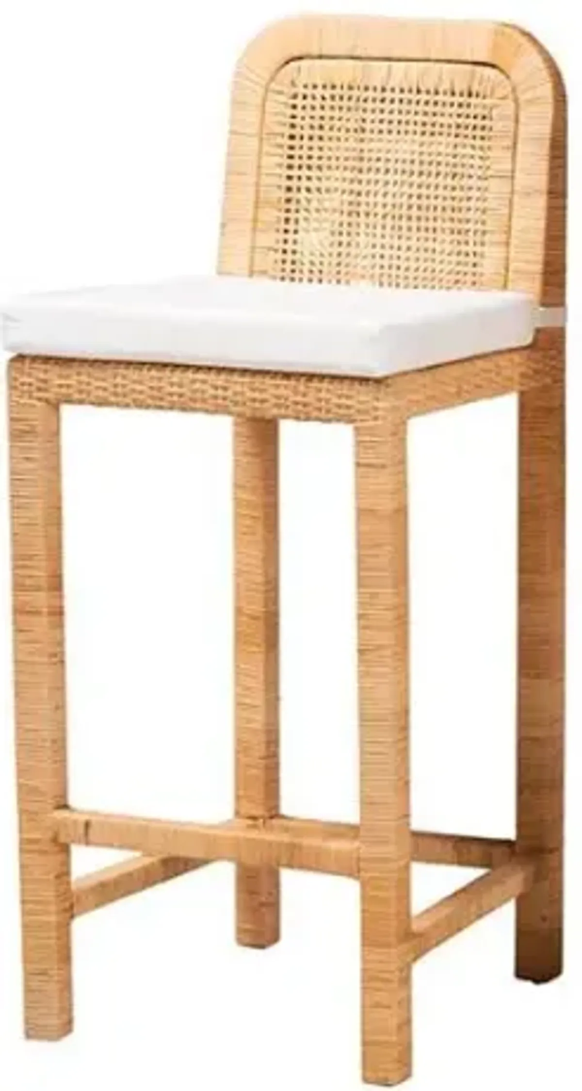 Bohemian Natural Brown Rattan and Mahogany Wood Bar Stool