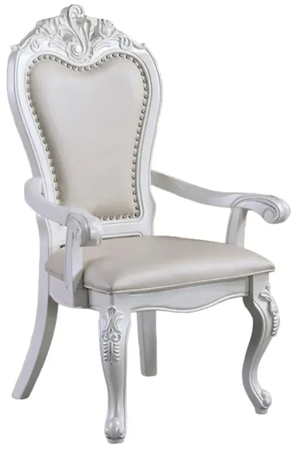 Zenie Dining Armchair Set of 2, Carved Cabriole, Faux Leather, White Wood - Benzara