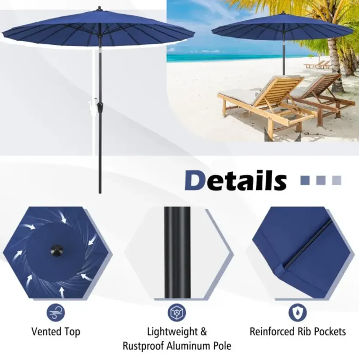 Hivvago 9 Feet Round Patio Umbrella with 18 Fiberglass Ribs