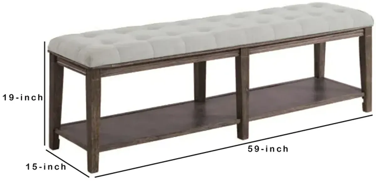 Bench with Button Tufted Seat and Open Shelf, Beige-Benzara