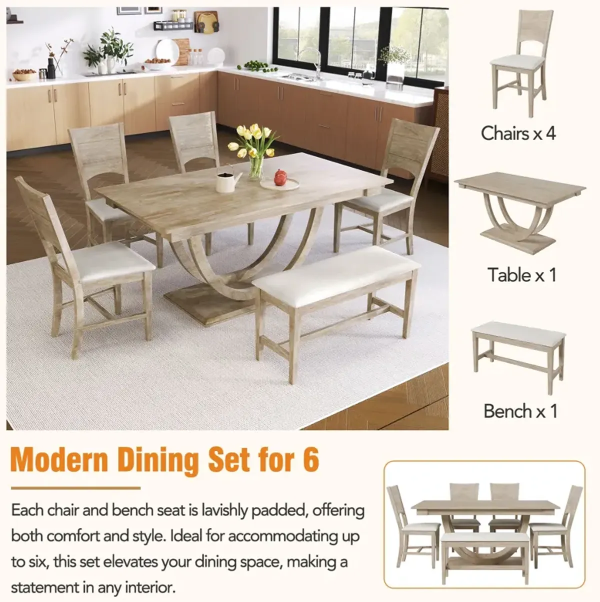 MONDAWE 6-Piece Solid Wood Half Round Dining Table Set Kitchen Table Set With Upholstered Dining Chairs, Modern Dining Furniture