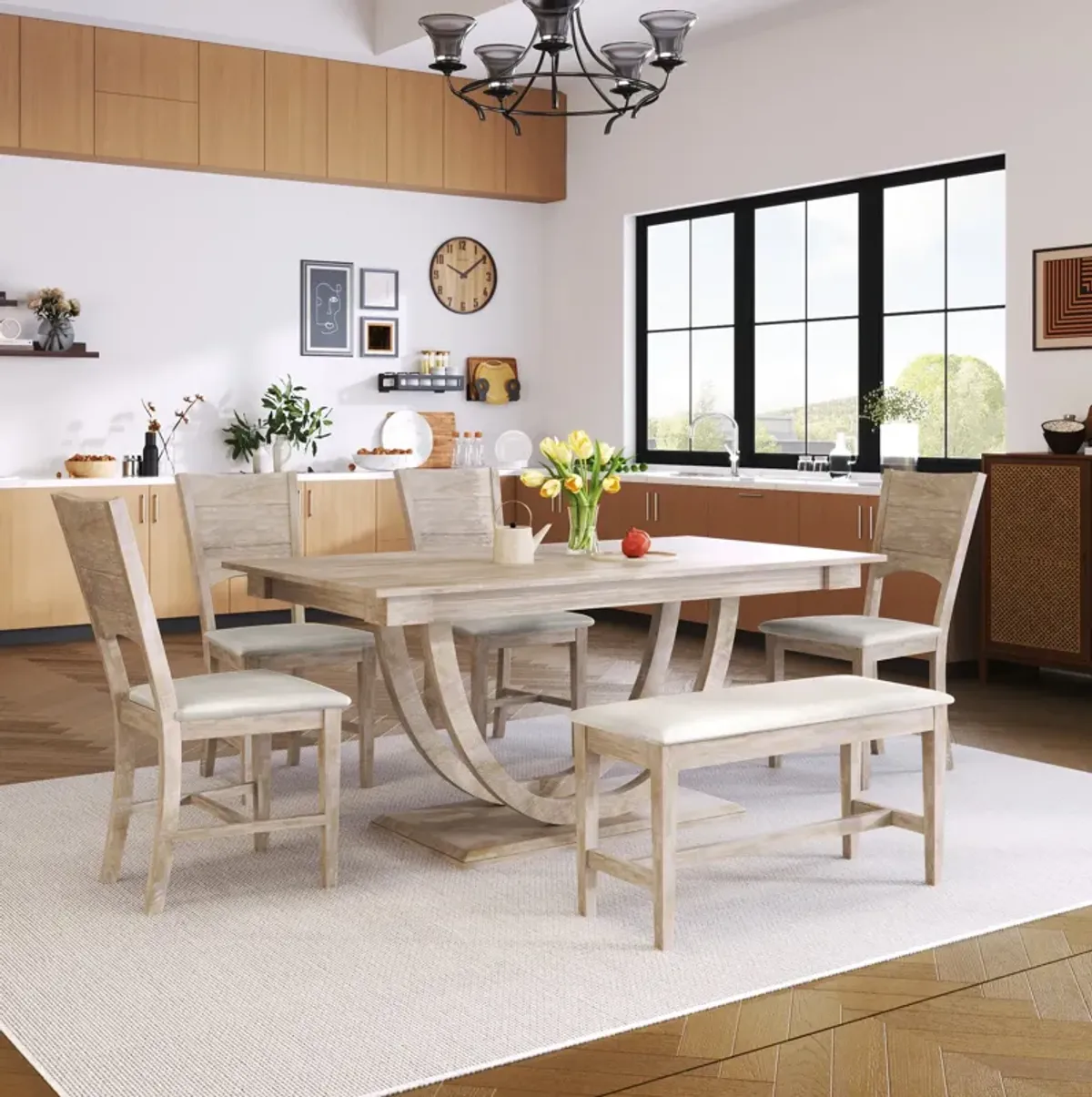 MONDAWE 6-Piece Solid Wood Half Round Dining Table Set Kitchen Table Set With Upholstered Dining Chairs, Modern Dining Furniture