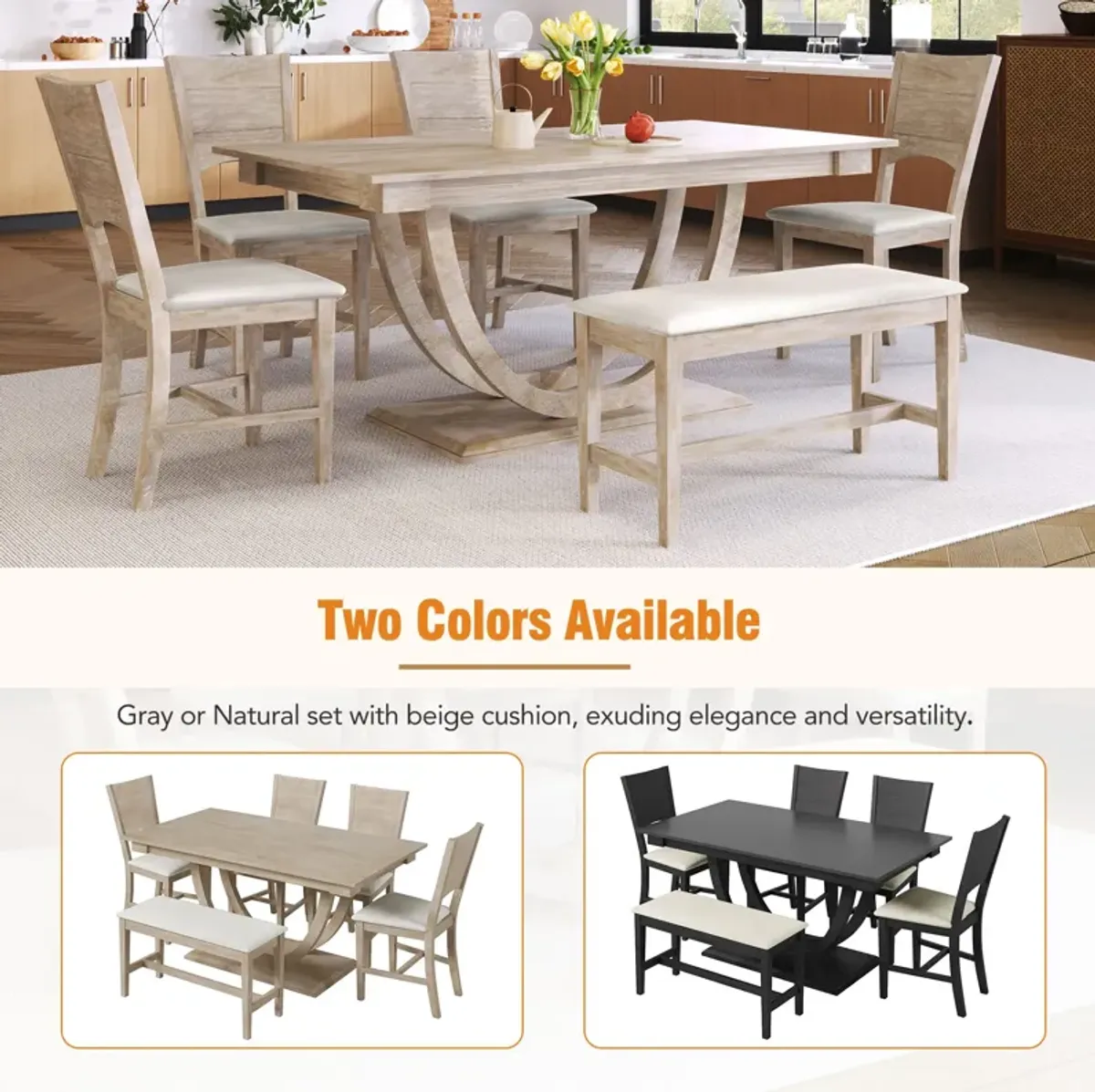 MONDAWE 6-Piece Solid Wood Half Round Dining Table Set Kitchen Table Set With Upholstered Dining Chairs, Modern Dining Furniture