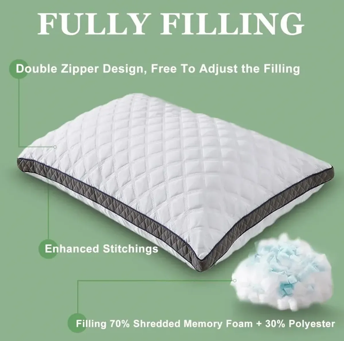 Hivvago Set of 2 Standard Shredded Memory Foam Polyester Pillow with Removeable Cover