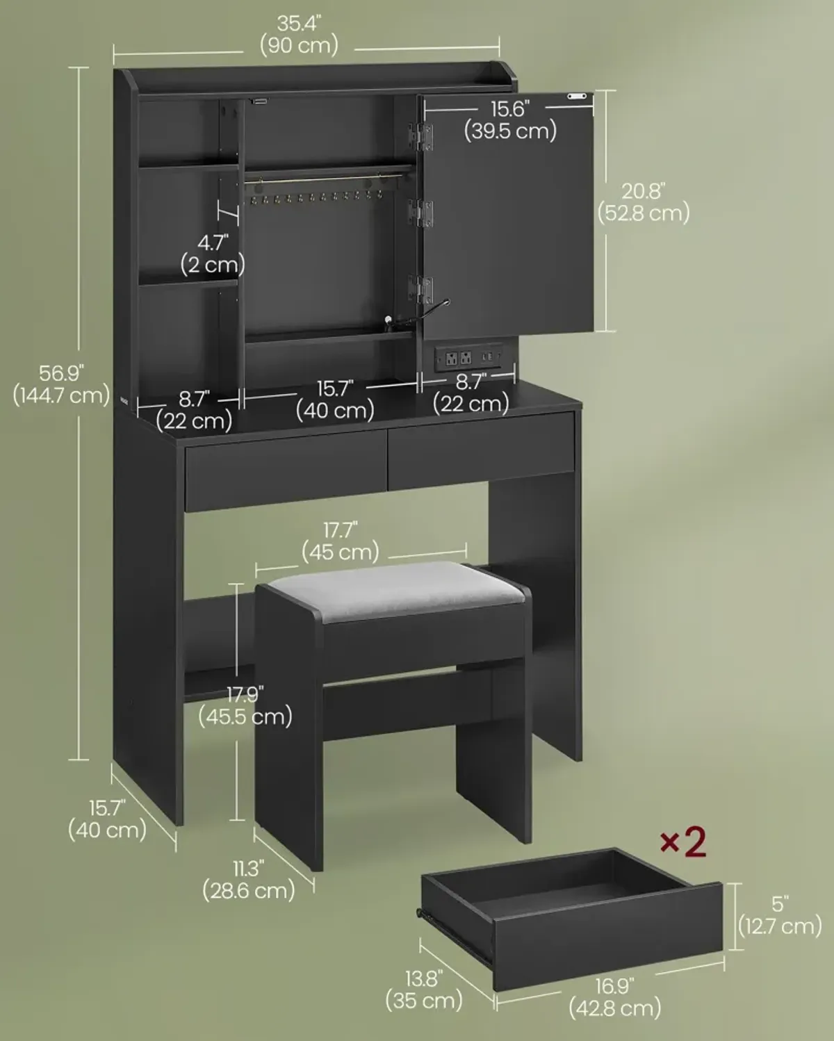 Vanity Desk with Power Outlets, Makeup Vanity with Mirror and Lights