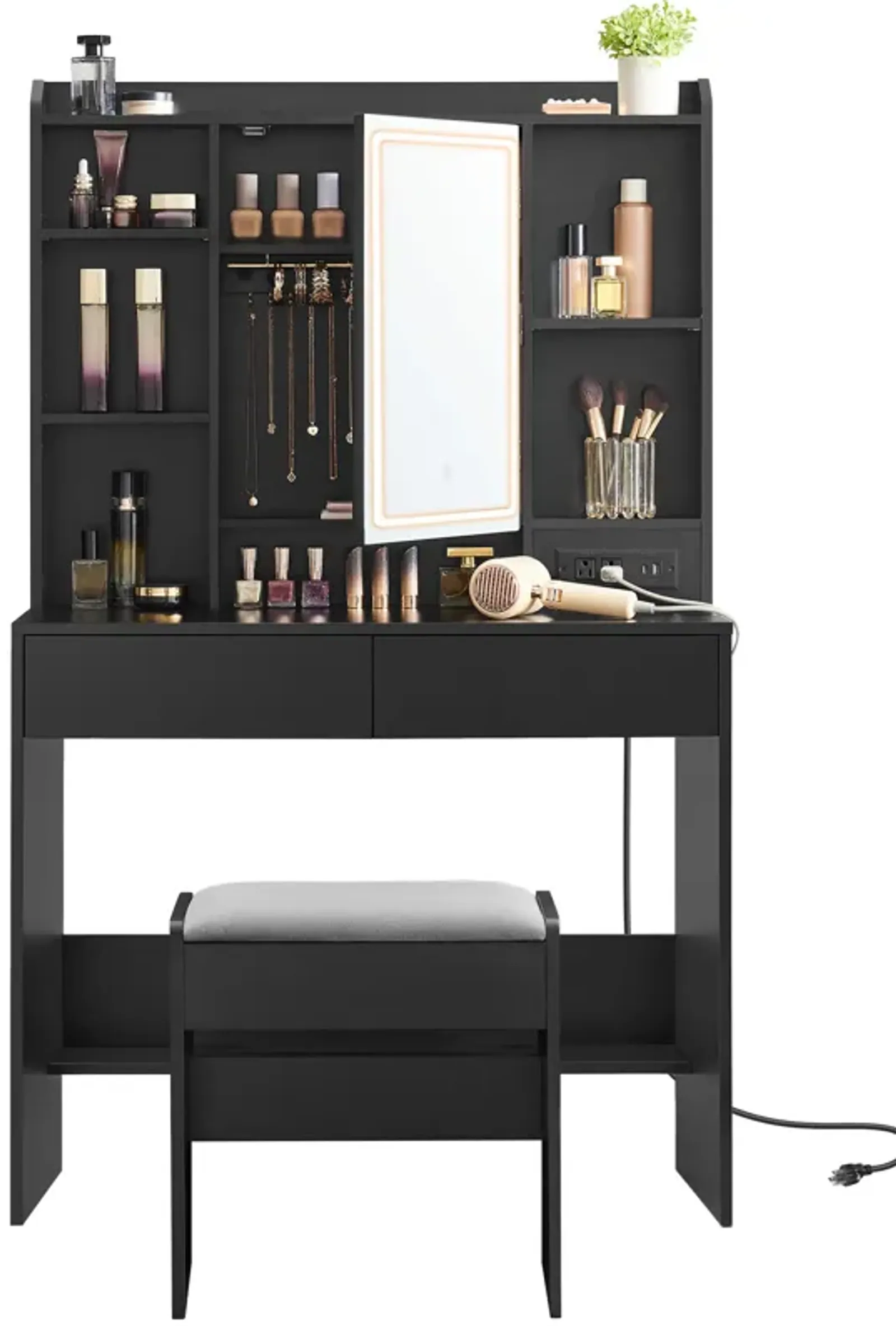 Vanity Desk with Power Outlets, Makeup Vanity with Mirror and Lights