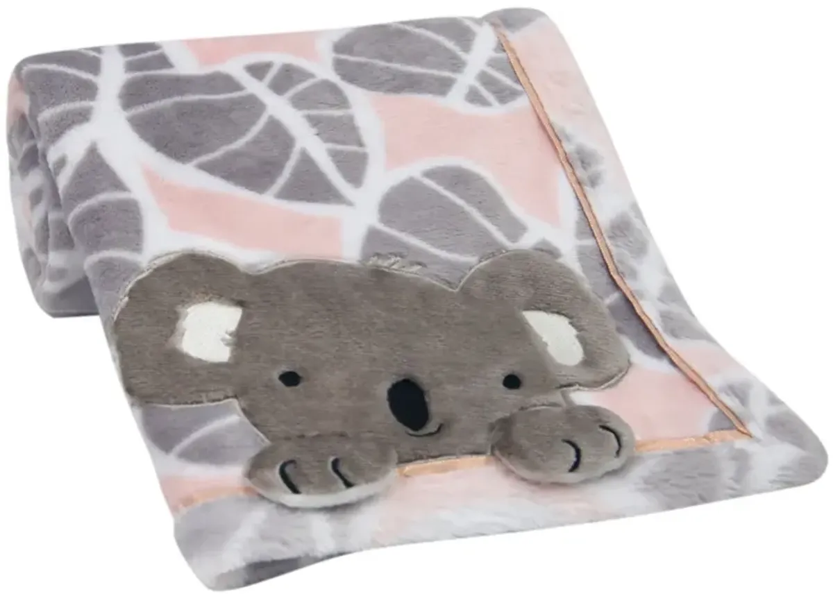 Lambs & Ivy Calypso Pink/Gray Koala Leaf Print Luxury Coral Fleece Baby Blanket