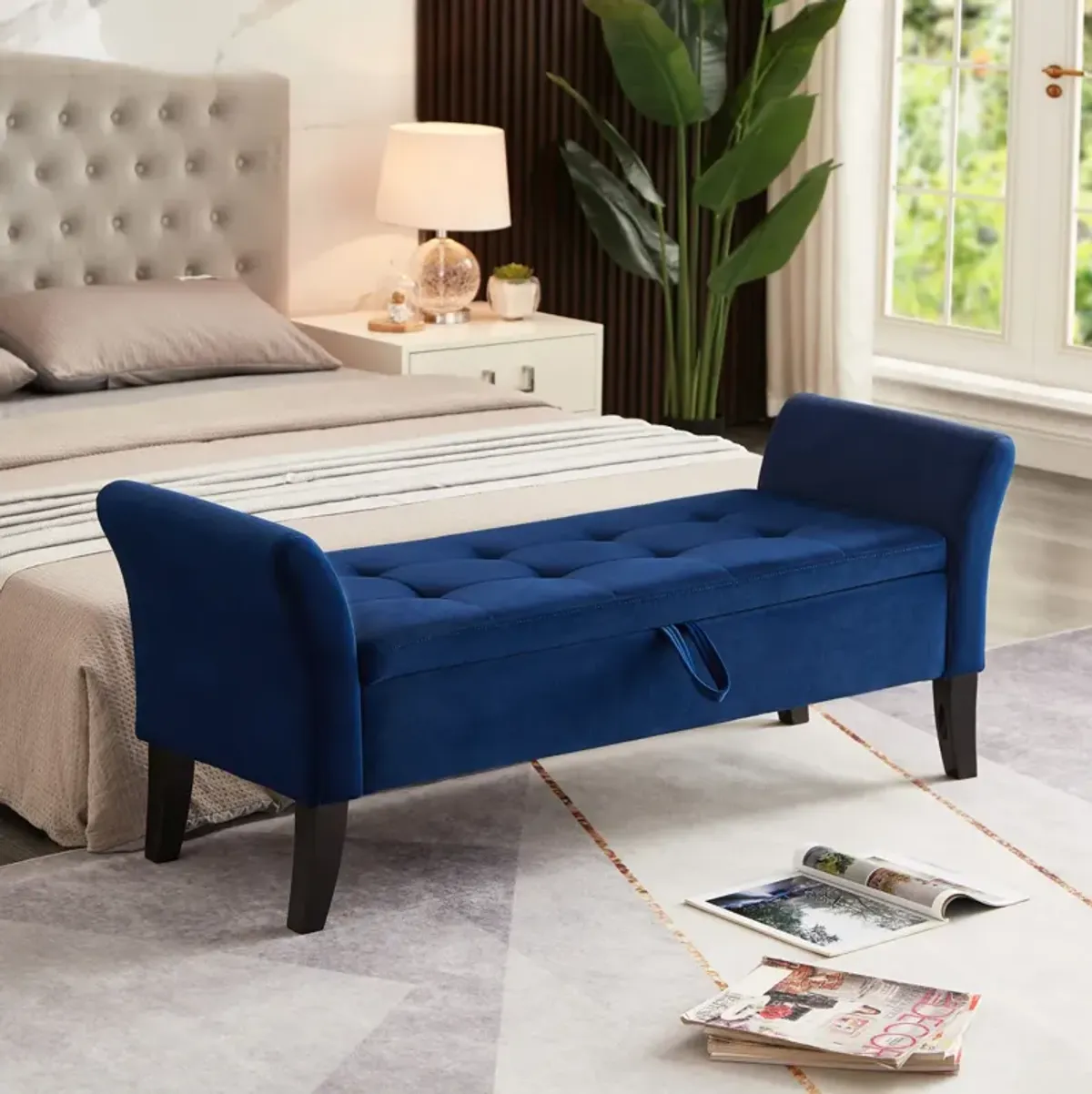 51.5" Bed Bench With Storage Navy Blue Velvet