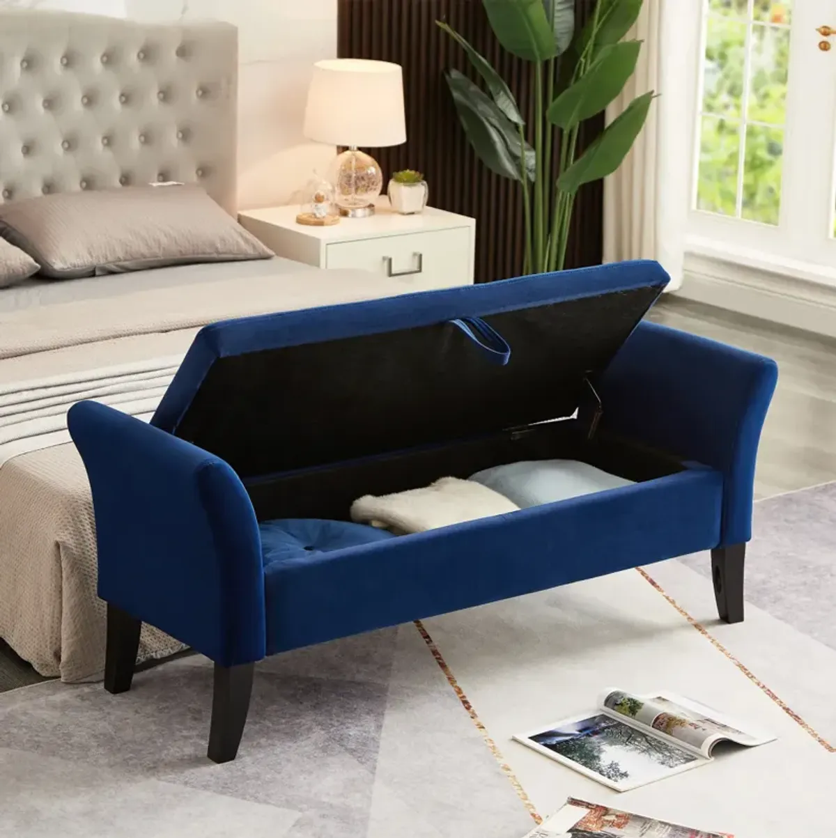 51.5" Bed Bench With Storage Navy Blue Velvet