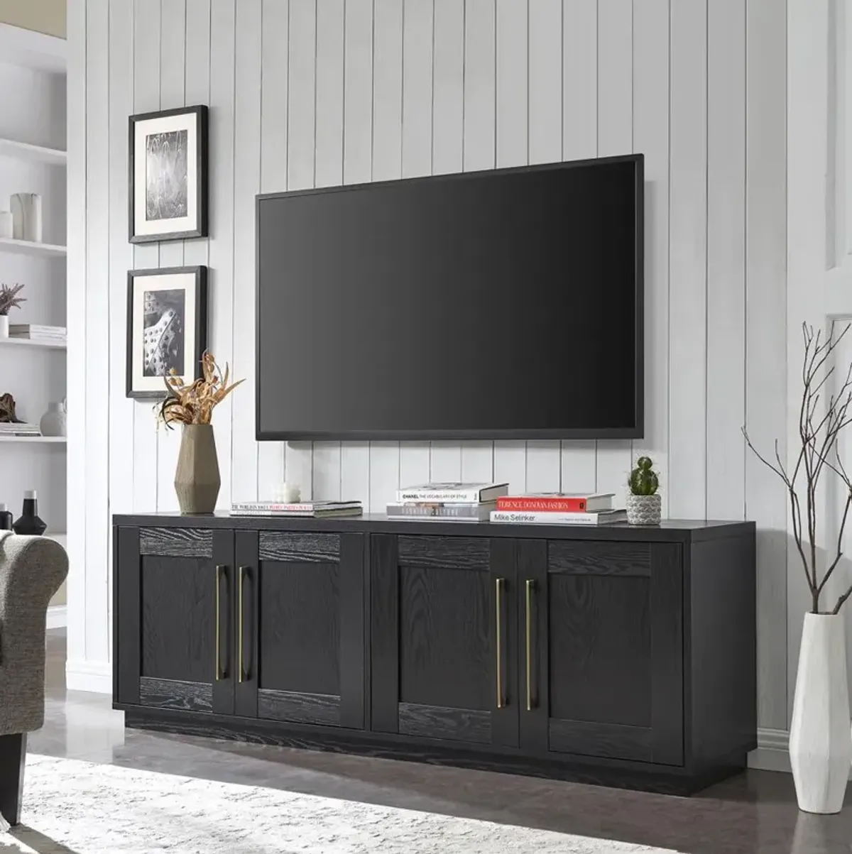 Hudson&Canal Tillman Rectangular TV Stand for TV's up to 80 in Black Grain