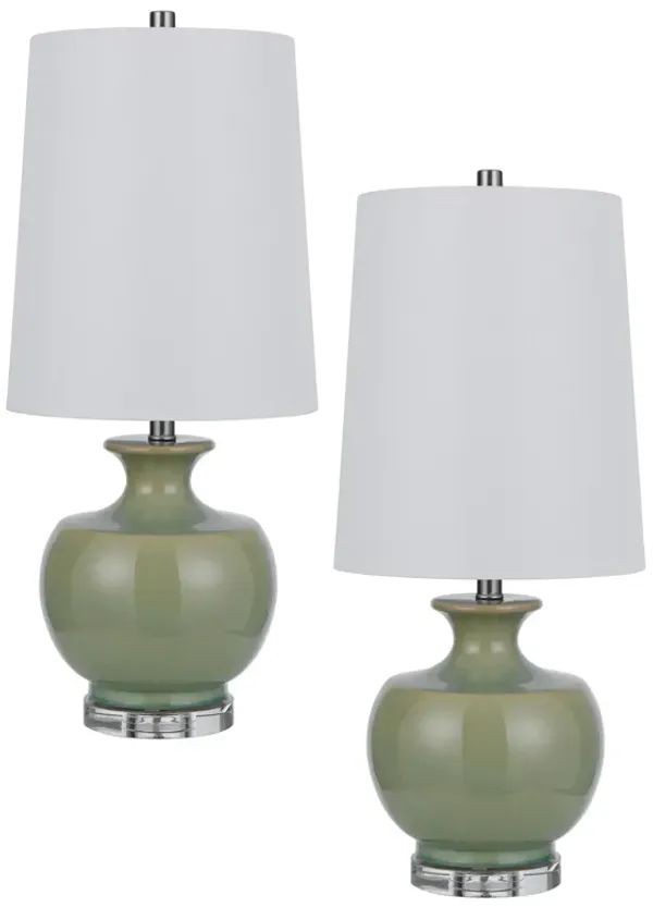 Kela 28 Inch Table Lamp Set of 2, Green Ceramic Pot Base, White Shade - Benzara