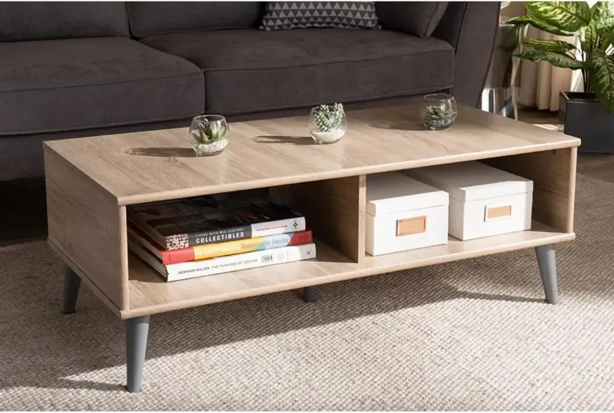 Pierre Mid-Century Modern Oak and Light Grey Finished Wood Coffee Table