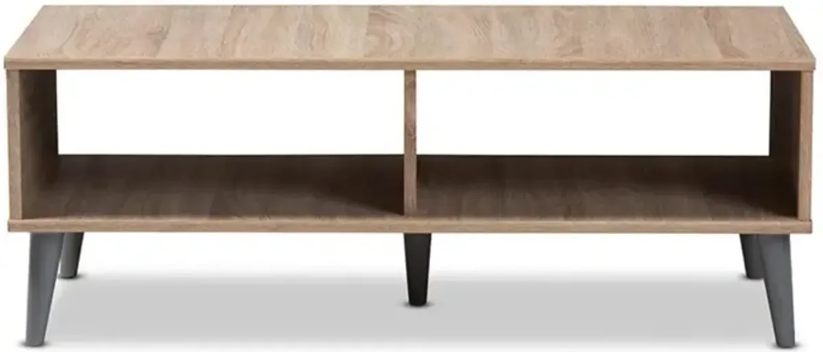 Pierre Mid-Century Modern Oak and Light Grey Finished Wood Coffee Table