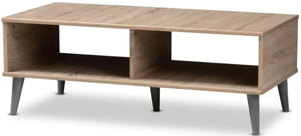 Pierre Mid-Century Modern Oak and Light Grey Finished Wood Coffee Table