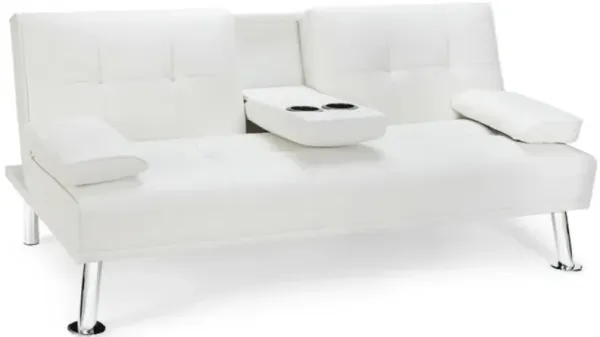 Convertible Folding Leather Futon Sofa with Cup Holders and Armrests