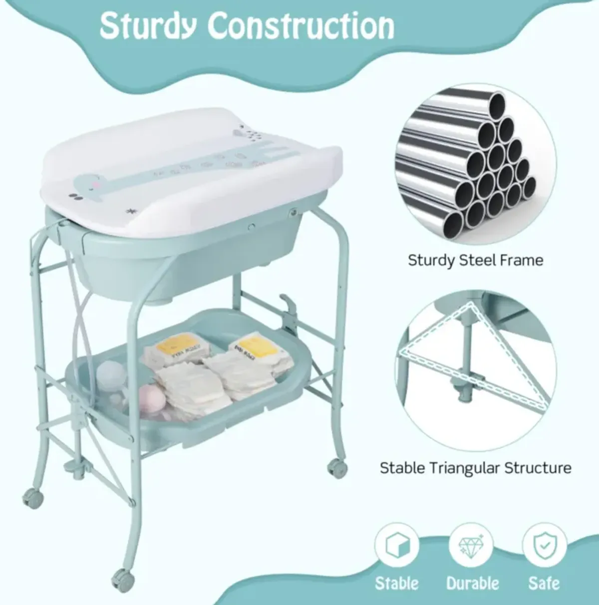 Hivvago Folding Baby Changing Table with Bathtub and 4 Universal Wheels