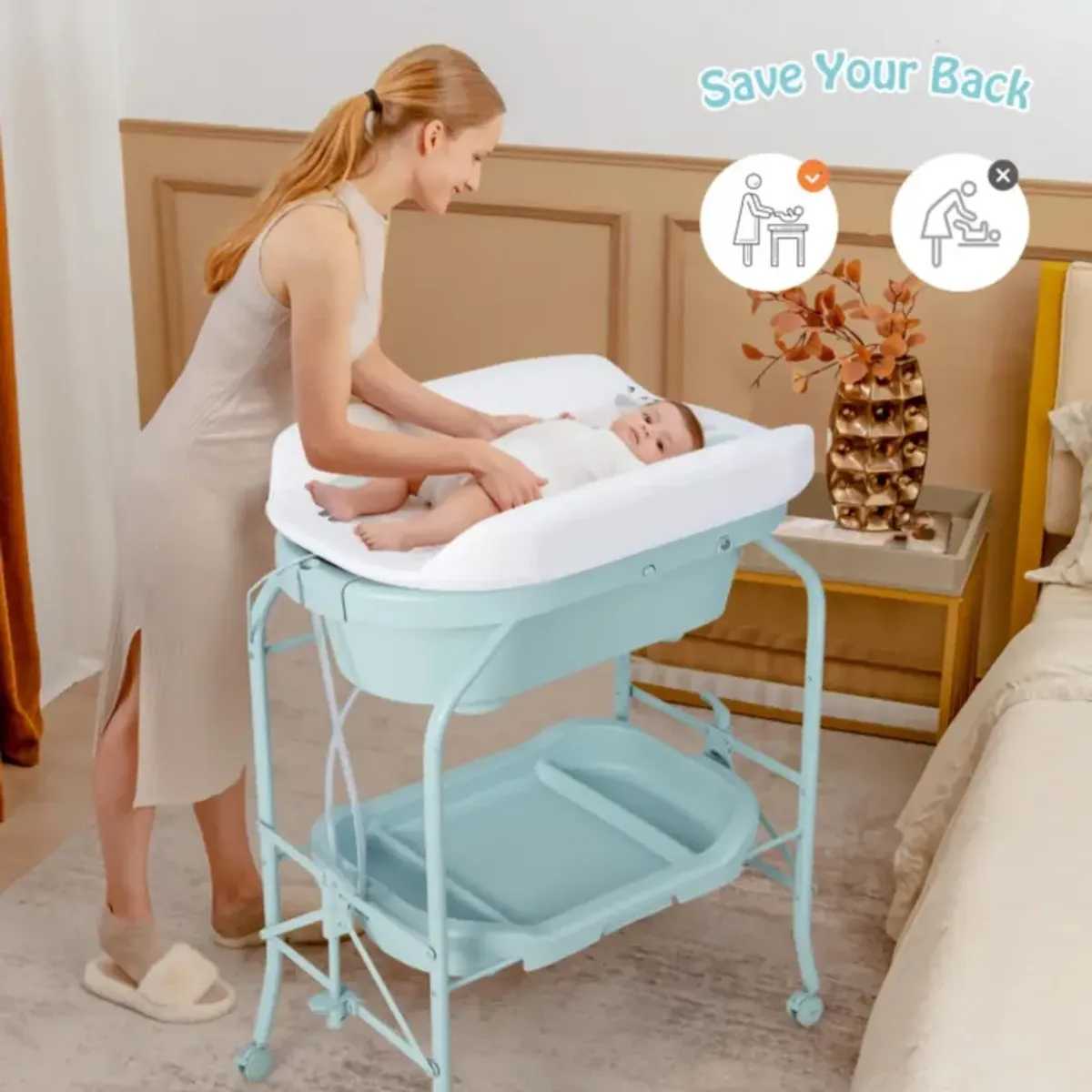 Hivvago Folding Baby Changing Table with Bathtub and 4 Universal Wheels