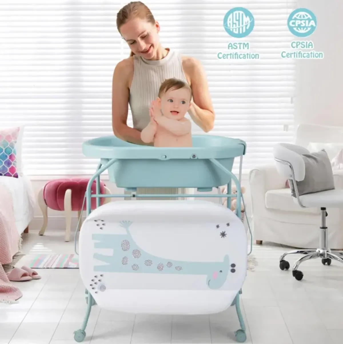 Hivvago Folding Baby Changing Table with Bathtub and 4 Universal Wheels