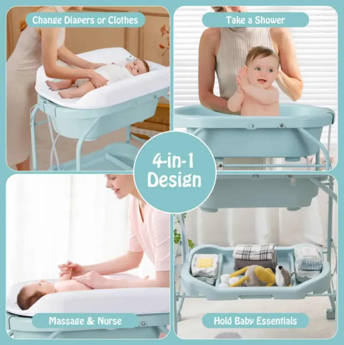 Hivvago Folding Baby Changing Table with Bathtub and 4 Universal Wheels