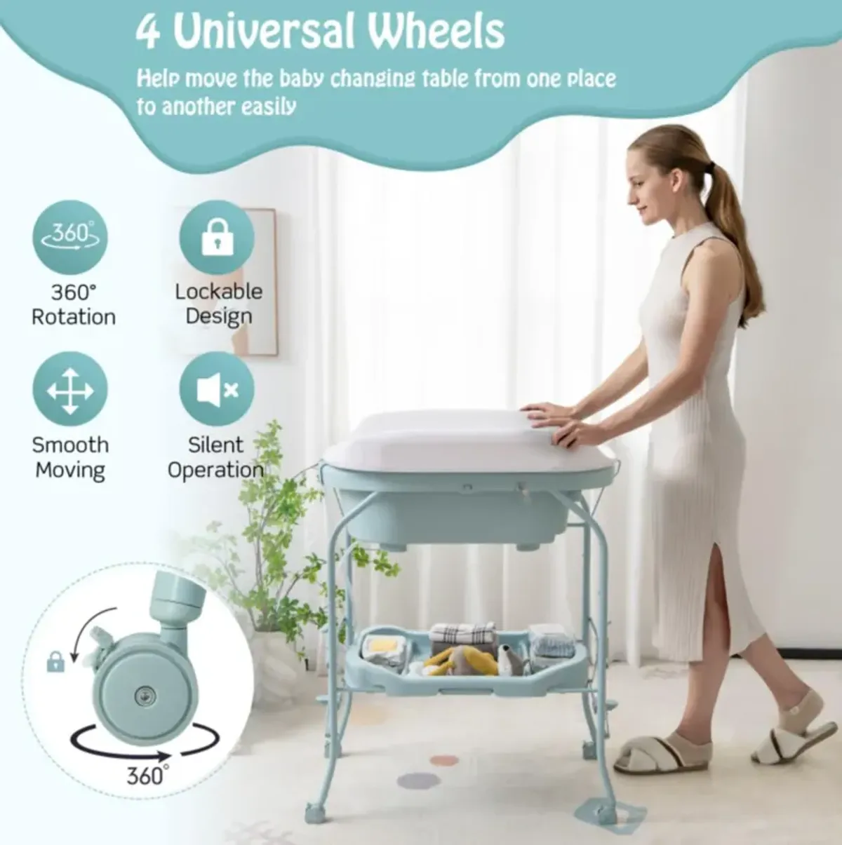 Hivvago Folding Baby Changing Table with Bathtub and 4 Universal Wheels