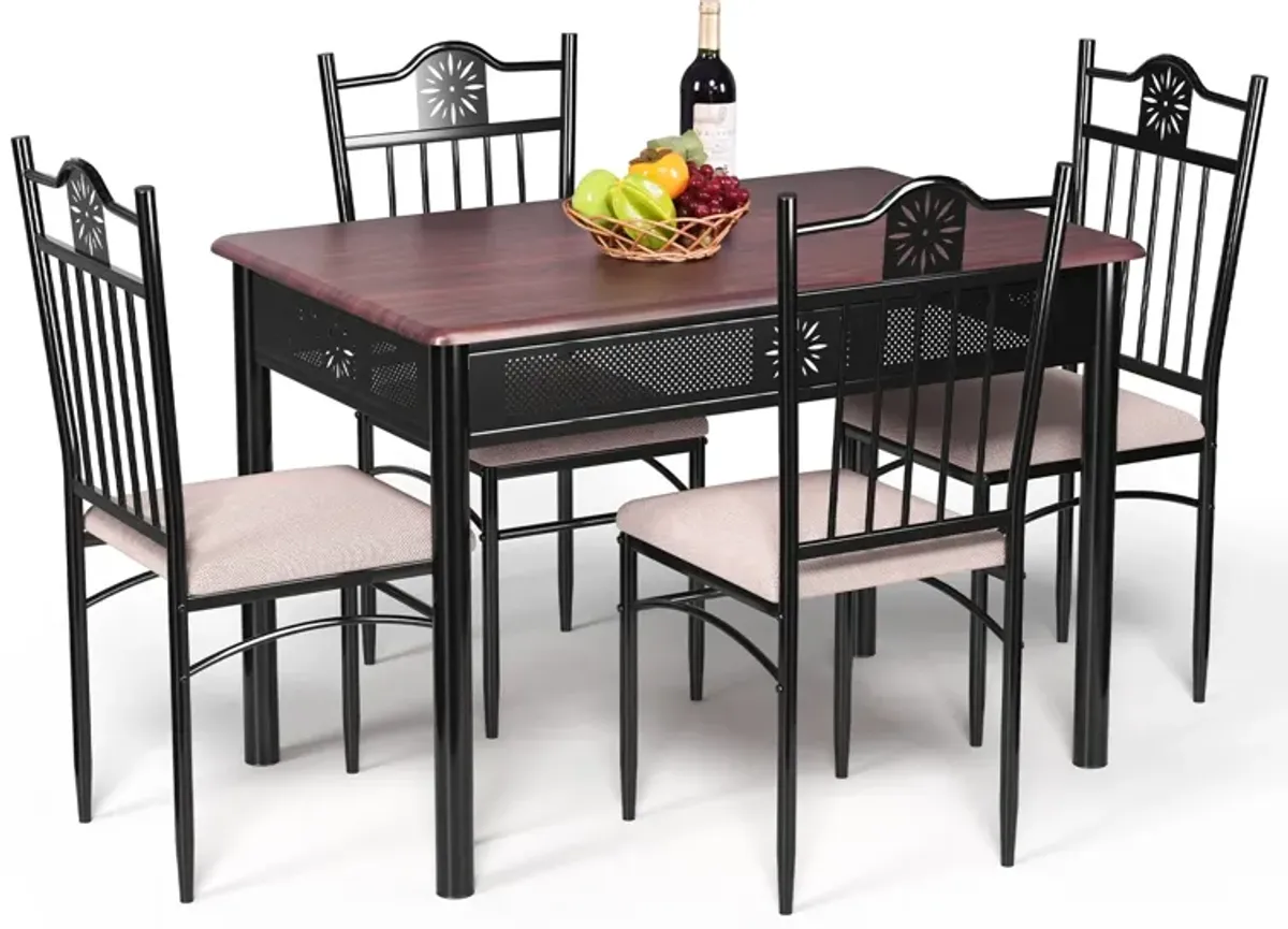 5 Pcs Dining Set Wood Metal Table and 4 Chairs with Cushions